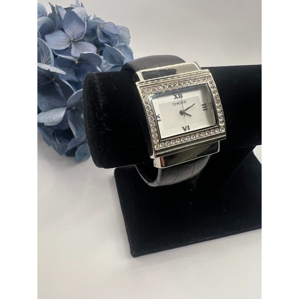 Chicos Watch Cuff Clamper Bracelet Silver Rhinestones Working Minimalist Modern